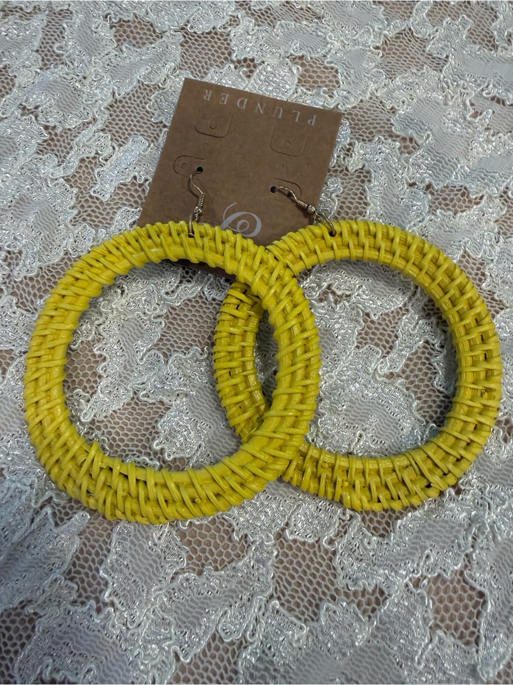 Plunder boho statement yellow wicker hoop fishhook earrings festival resort funk